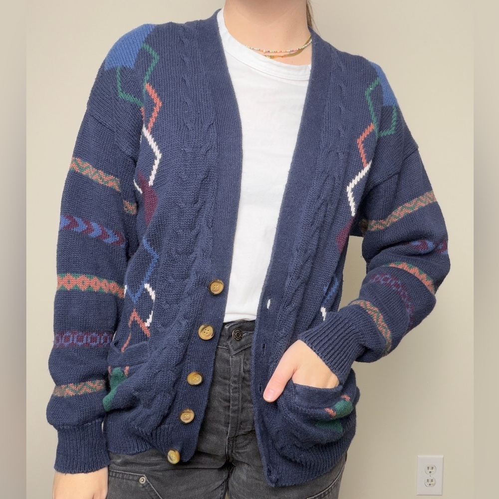 Grandpa style vneck cardigan argyle stripe pattern 100%natural fiber size M